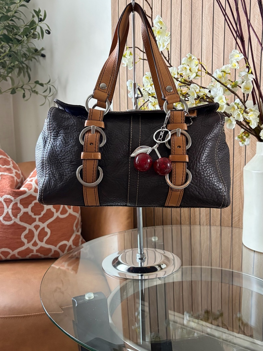 Vintage Coach brown Leather Chelsea Bag with Tan Straps and Cherry Charm